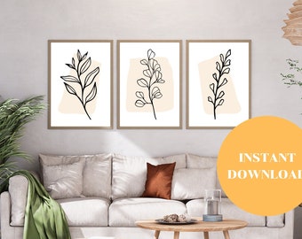 Botanical Line Art Floral Set 3 Piece Wall Art, Minimalist Wall Art Print, Digital Print Wall Decor, Boho Wall Art