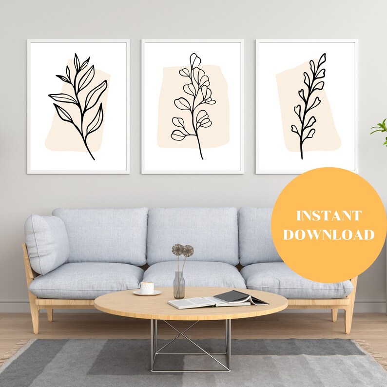 Botanical Line Art Floral Set 3 Piece Wall Art, Minimalist Wall Art ...