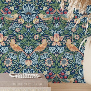 Strawberry Thief Removable Wallpaper | William Morris Inspired | Bird Floral Wallpaper | Victorian Peel and Stick Wallpaper
