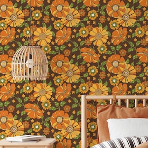 Retro 70s Brown Orange Floral Removable Wallpaper | 1970s Wallpaper | Floral Wallpaper | Peel and Stick Wallpaper