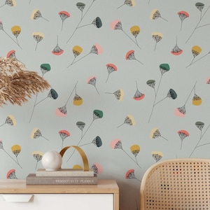 Retro Floral Peel and Stick Wallpaper | Mid Century Modern Flowers Removable Wallpaper
