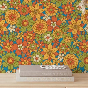 Retro 1970s Floral Removable Wallpaper | Psychedelic Hippie Peel and Stick Wallpaper
