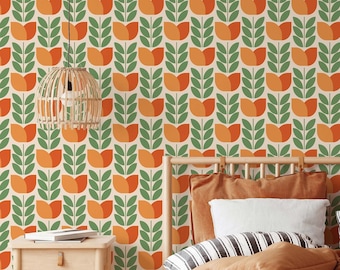 Orange Retro Floral Removable Wallpaper | Mid Century Modern Wallpaper | Scandi Peel and Stick Wallpaper