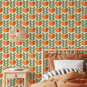 Orange Retro Floral Removable Wallpaper Mid Century Modern Wallpaper Scandi Peel and Stick Wallpaper image 1