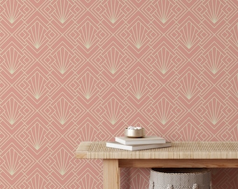 Pink Art Deco Wallpaper, Geometric Removable Peel and Stick Wallpaper, Self Adhesive DIY