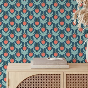 Retro Floral Wallpaper | Mid Century Modern Wallpaper | Peel and Stick Wallpaper | Removable Wallpaper