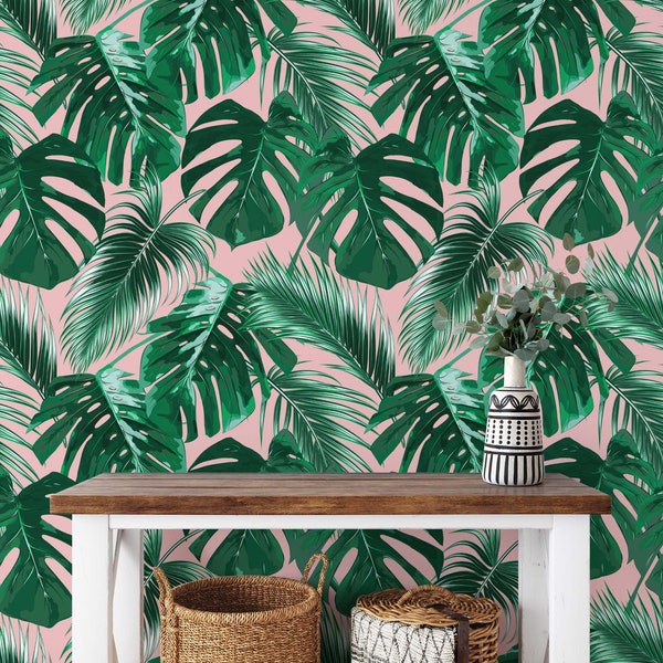 Removable Wallpaper | Peel and Stick Wallpaper | Self Adhesive DIY Wallpaper | Tropical Wallpaper | Pink Palm Wallpaper | Monstera Leaves
