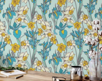 Blue Floral Wallpaper | Art Nouveau Wallpaper | Removable Wallpaper | Peel n Stick Wallpaper | Self Adhesive Wallpaper