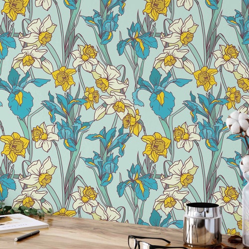 Blue Floral Wallpaper Art Nouveau Wallpaper Removable Etsy