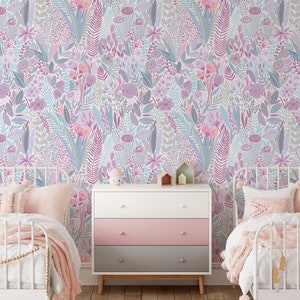 Removable Wallpaper, Peel and Stick Wallpaper, Pastel Flowers Wall Paper, Pink Purple Floral Wallpaper