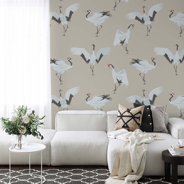 Crane Wallpaper | Bird Peel and Stick Wallpaper | Removable Wallpaper | Self Adhesive Wallpaper | Heron Decor