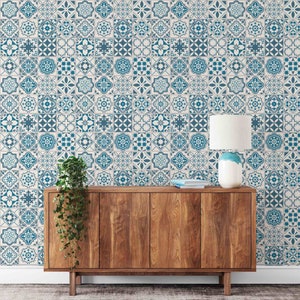 Moroccan Tile Wallpaper |  Boho Peel and Stick Wallpaper | Teal Decor |  Removable Wallpaper | Self Adhesive Wallpaper