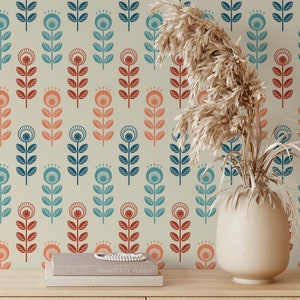 Mid Century Modern Wallpaper | Removable Wallpaper | Retro Flowers Wallpaper | Peel and Stick Wallpaper