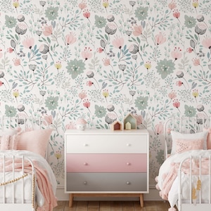 Pastel Floral Nursery Wallpaper | Removable Wallpaper | Large Floral Wallpaper | Peel n Stick Wallpaper | Modern Nursery