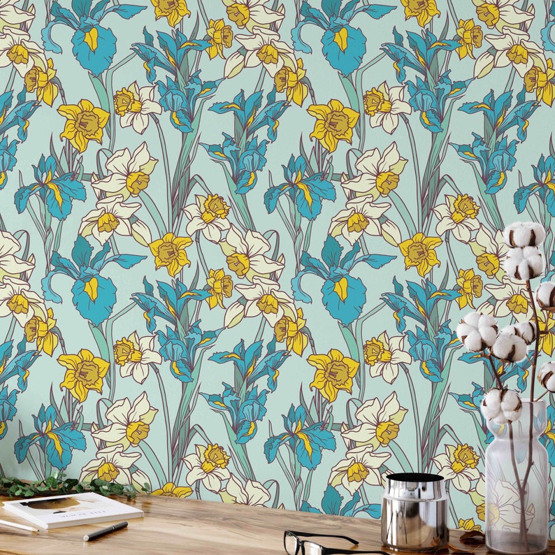 Blue Floral Wallpaper Art Nouveau Wallpaper Removable Etsy