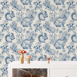 Woodland Nursery Wallpaper | Toile Wallpaper | Removable Wallpaper | Peel n Stick Wallpaper | Vintage Nursery | Rabbit Bunny Hedgehog