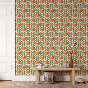 Orange Retro Floral Removable Wallpaper Mid Century Modern Wallpaper Scandi Peel and Stick Wallpaper image 7