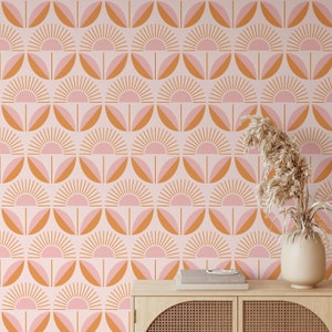 Pink Orange Retro Floral Removable Wallpaper | Mid Century Modern Wallpaper | Scandi Flowers Wallpaper | Peel and Stick Wallpaper