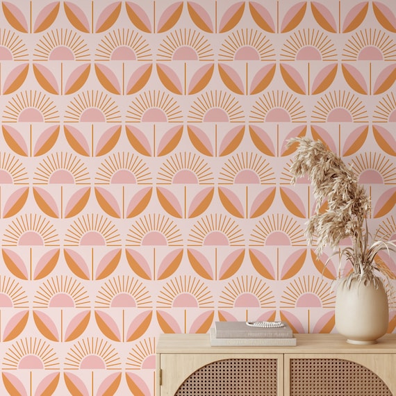 Pink Orange Retro Floral Removable Wallpaper Mid Century Etsy