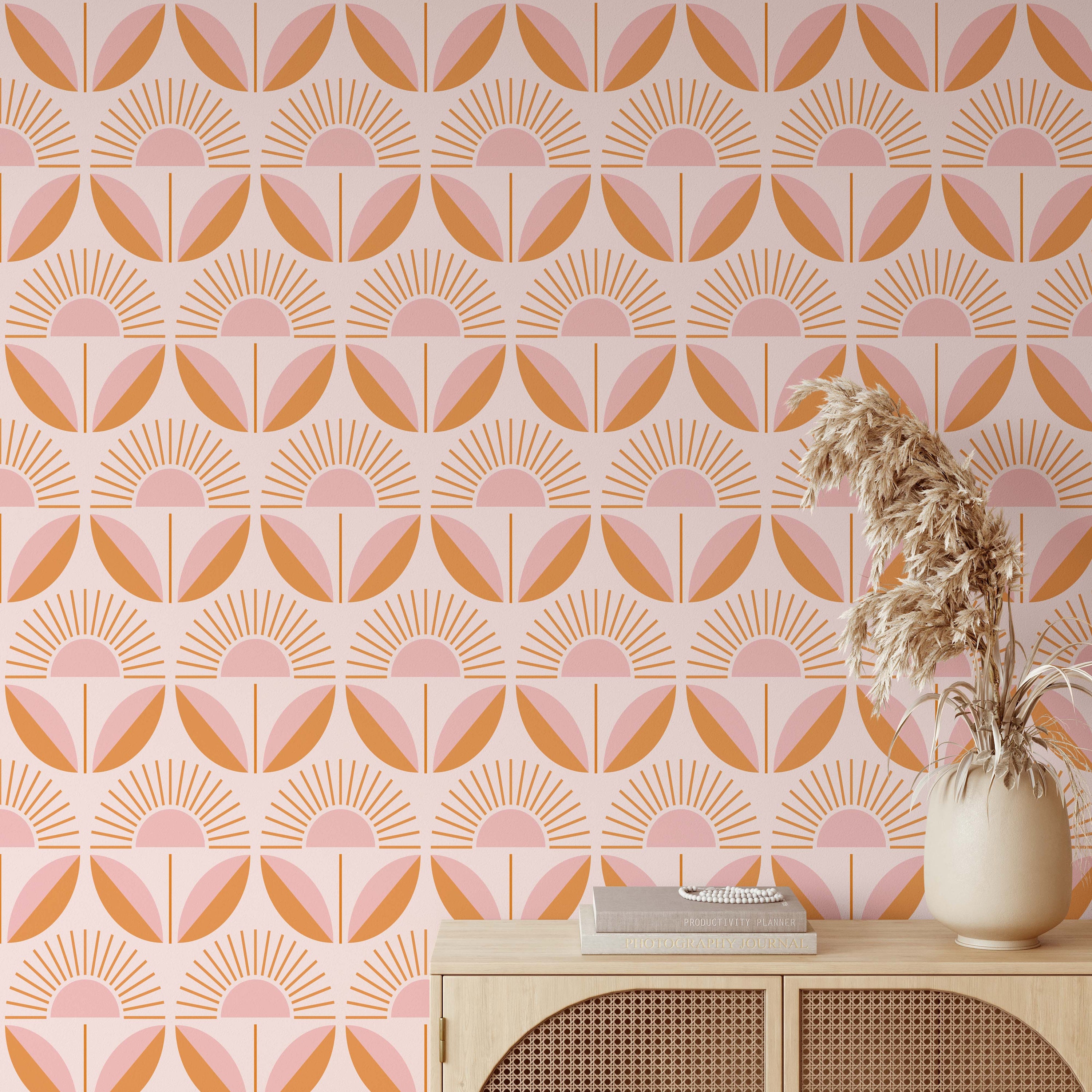 Pink Orange Retro Floral Removable Wallpaper Mid Century Etsy