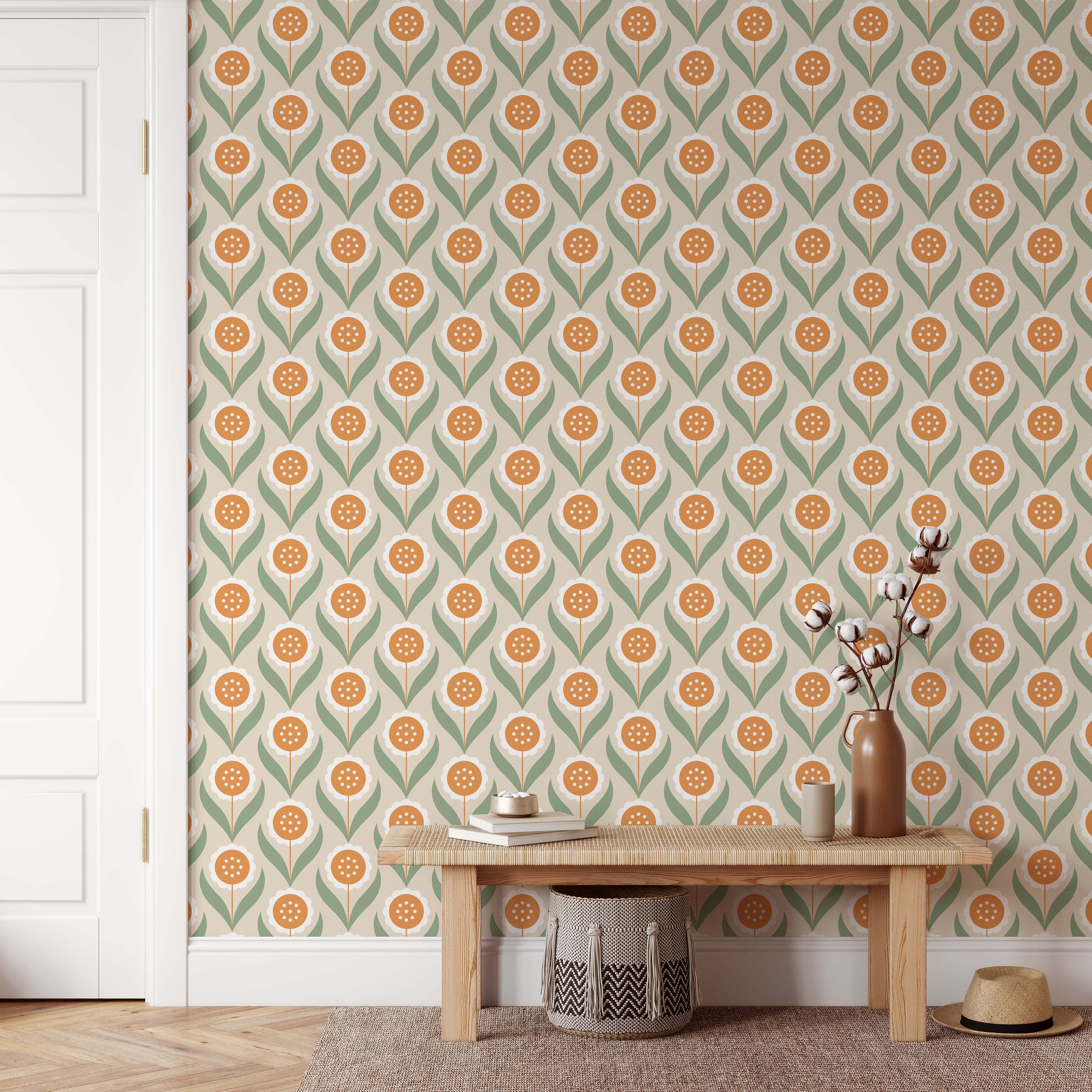 Scandi Floral Removable Wallpaper Mid Century Modern Etsy