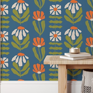 Funky Floral Peel and Stick Wallpaper, 1970s Retro Flowers Blue Removable Wallpaper