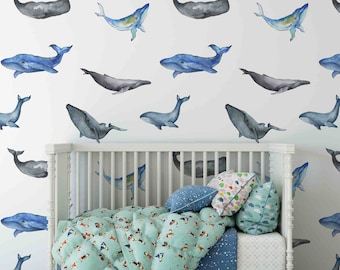 Whales Wallpaper | Nursery Wallpaper | Removable Wallpaper | Peel n Stick Wallpaper | Watercolor Wallpaper | Nautical Wallpaper |Ocean Decor
