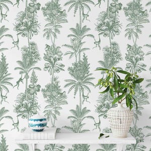 French Provincial Removable Wallpaper | Vintage Toile De Jouy Decor | Tropical Jungle Safari Print