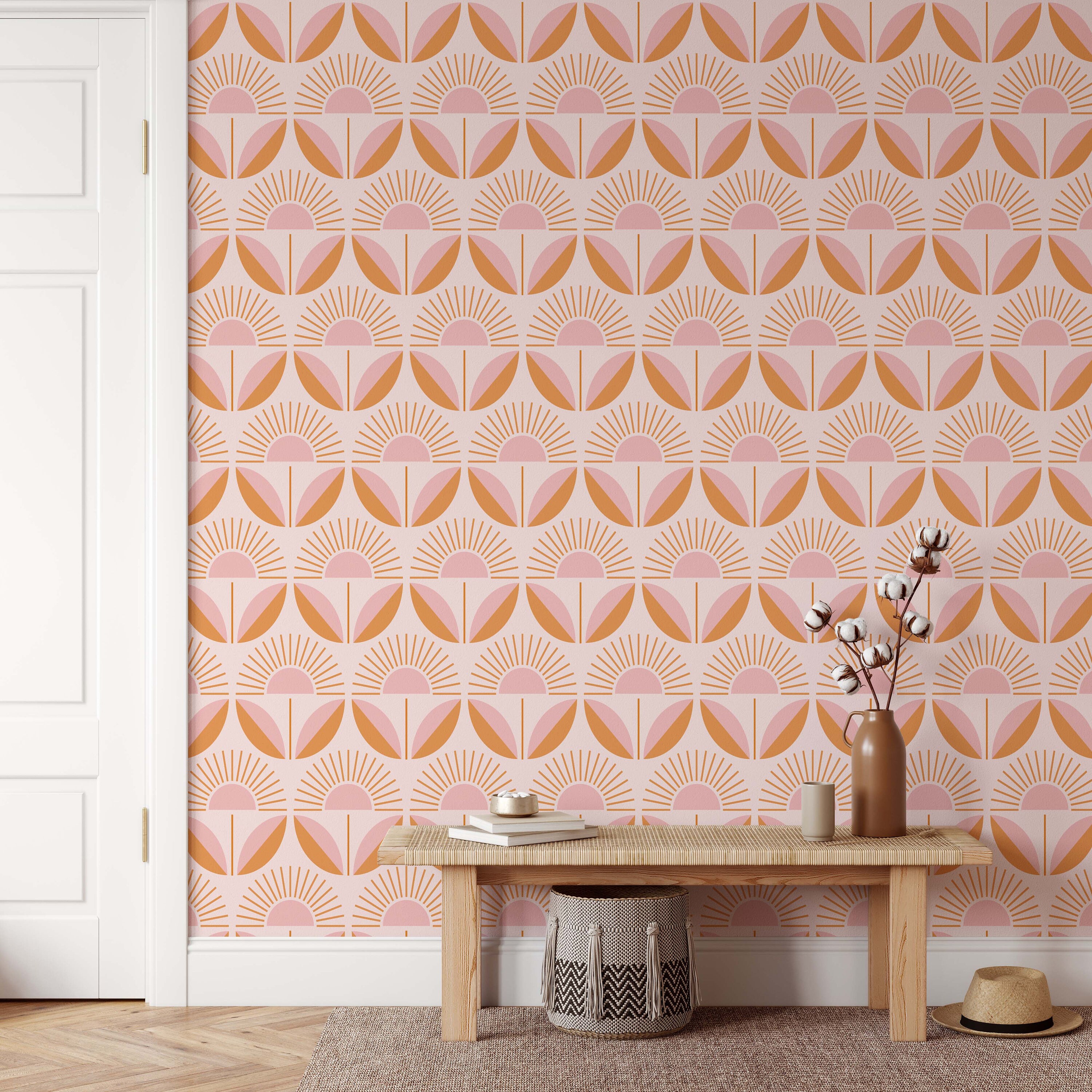 Pink Orange Retro Floral Removable Wallpaper Mid Century Etsy