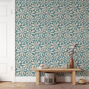 Blue Floral Peel and Stick Wallpaper, 70s Groovy Hippie Flowers Removable Wallpaper