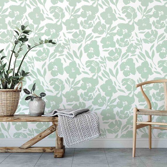 Green Floral Wallpaper Removable Wallpaper Peel n Stick | Etsy