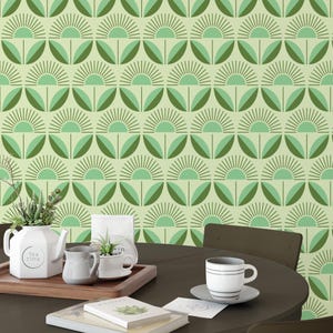 Lime Cream Green Retro Floral Removable Wallpaper | Mid Century Modern Wallpaper | Scandi Flowers Wallpaper | Peel and Stick Wallpaper