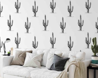 Cactus Wallpaper | Black and White Wallpaper | Peel and Stick Wallpaper | Removable Wallpaper | Self Adhesive Wallpaper