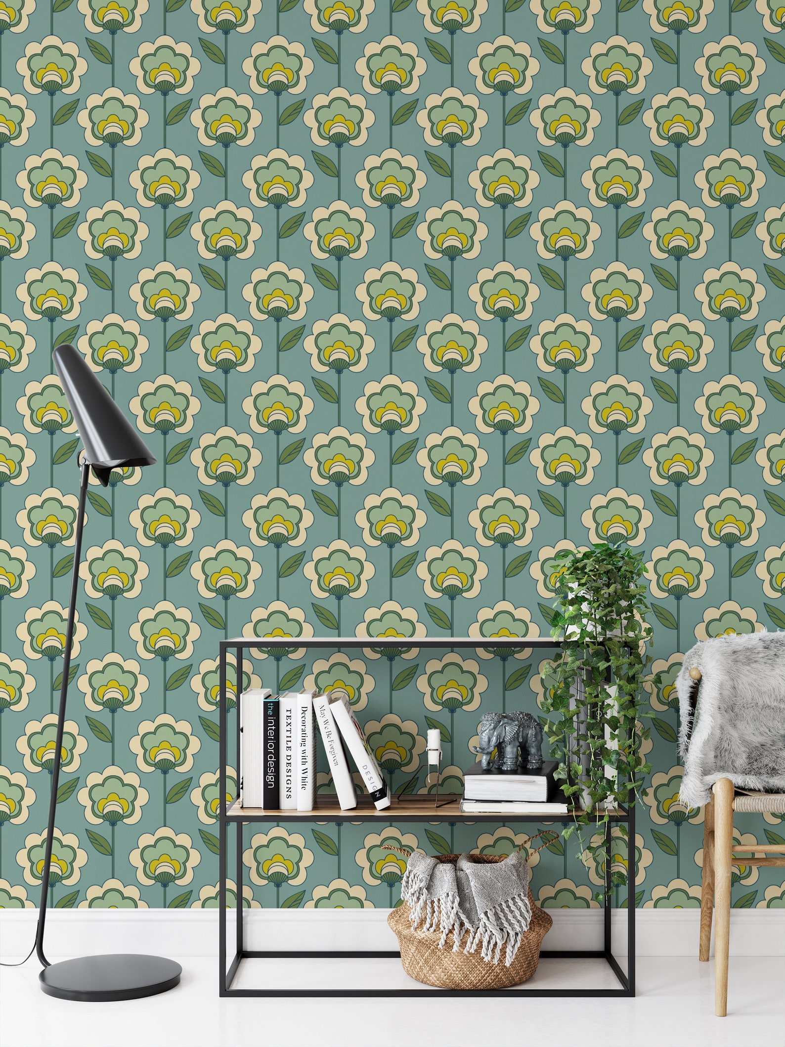 Retro Floral Wallpaper Mid Century Modern Wallpaper Peel Etsy
