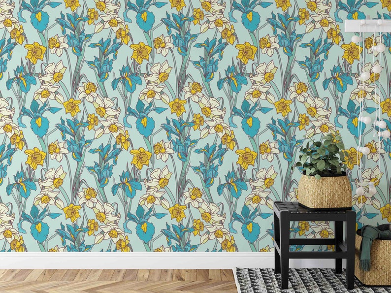 Blue Floral Wallpaper Art Nouveau Wallpaper Removable Etsy