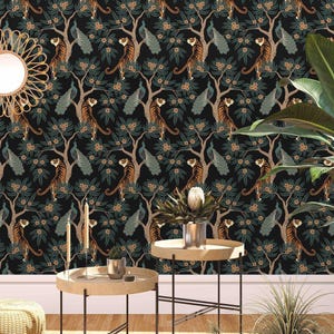 Tiger and Peacock Wallpaper | Chinoiserie Wallpaper | Chinese Style Peel and Stick | Removable Wallpaper | Self Adhesive Asian Wallpaper