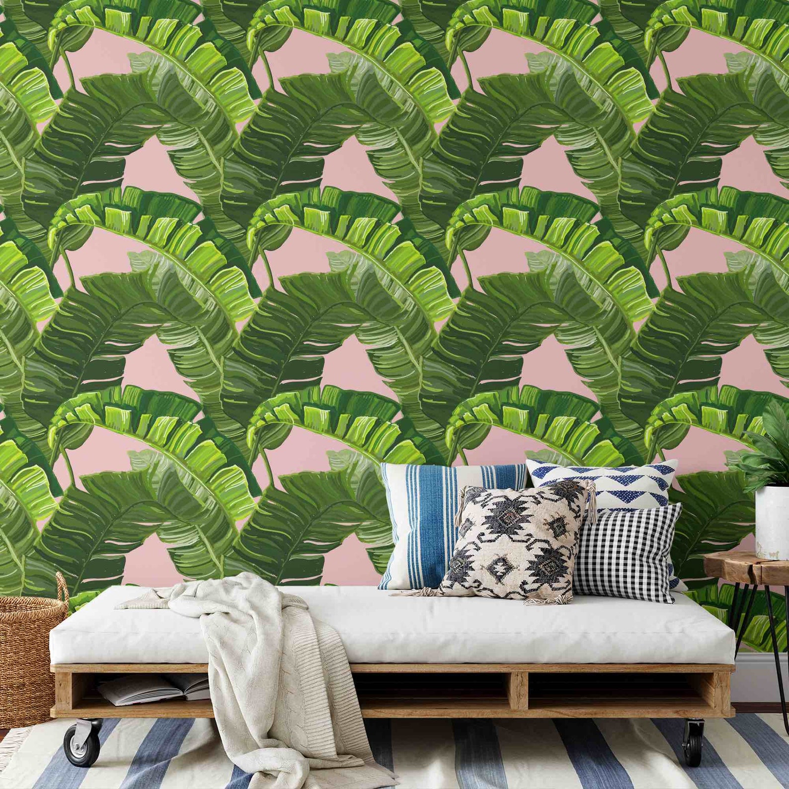 Pink Banana Leaf Wallpaper Removable Wallpaper Peel and | Etsy