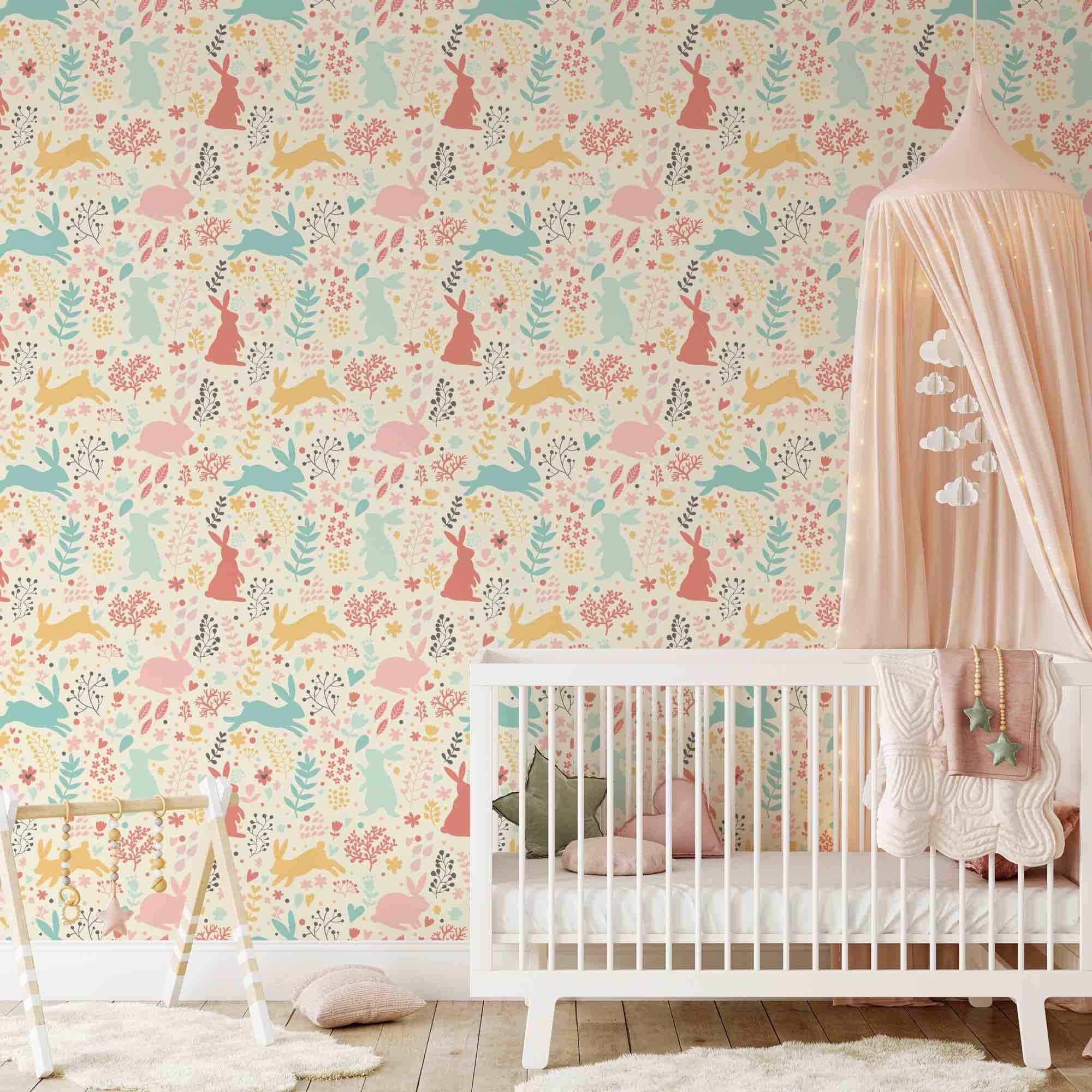 Woodland Nursery Wallpaper Rabbit Wallpaper Scandi - Etsy