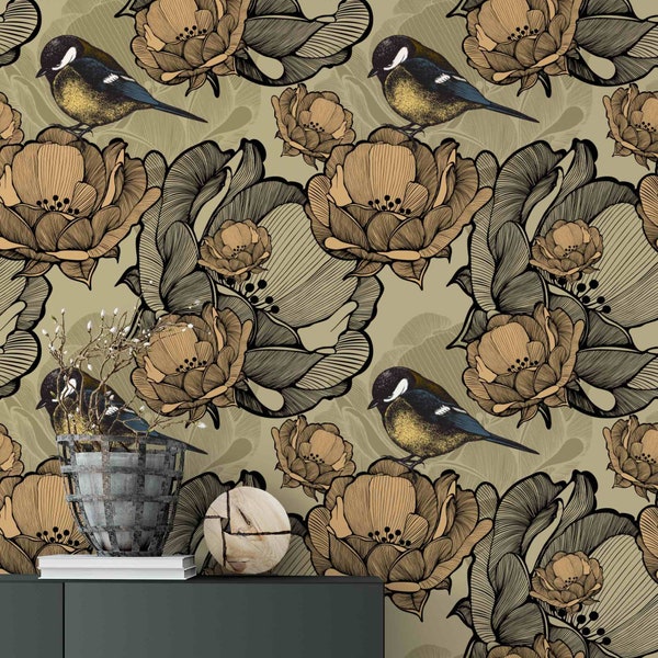 Bird Wallpaper | Peel and Stick Wallpaper | Removable Wallpaper | Self Adhesive Wallpaper | Vintage Style | Bedroom Wallpaper