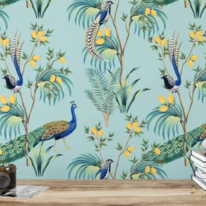 Chinoiserie Wallpaper | Peel and Stick Wallpaper | Removable Wallpaper | Self Adhesive Wallpaper | Asian Wallpaper | Peacock Decor