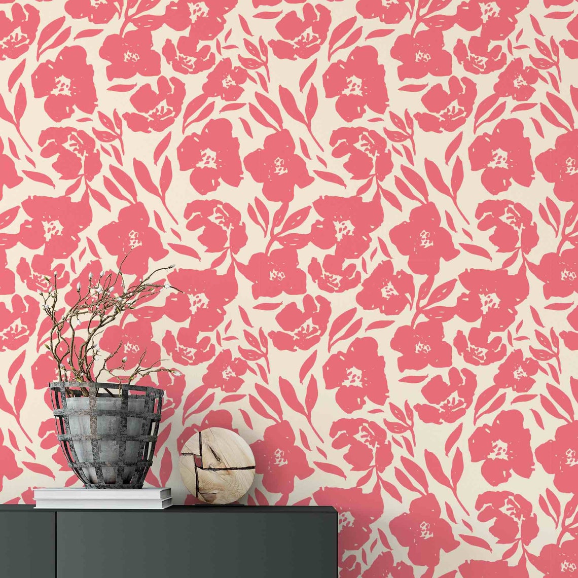 Pink Floral Wallpaper Removable Wallpaper Peel n Stick | Etsy