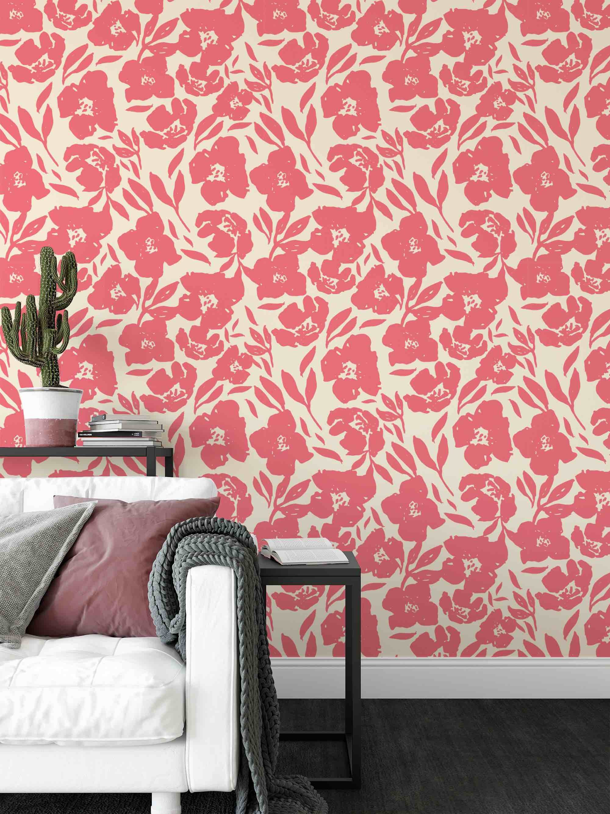 Pink Floral Wallpaper Removable Wallpaper Peel n Stick Etsy