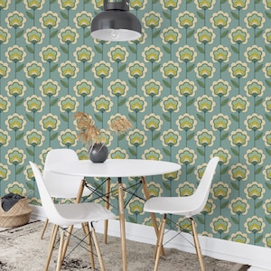Retro Floral Wallpaper | Mid Century Modern Wallpaper | Peel and Stick Wallpaper | Removable Wallpaper | Geometric Vintage Look
