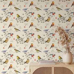 Bird Wallpaper | Watercolor Birds Vintage Style | Peel and Stick Wallpaper | Removable Wallpaper | Self Adhesive Wallpaper | Bedroom