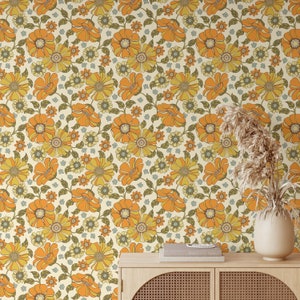 Retro 70s Orange Floral Removable Wallpaper | Mid Century Modern Wallpaper | Floral Wallpaper | Peel and Stick Wallpaper