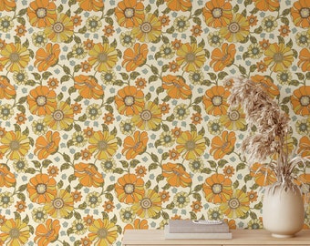 Retro 70s Orange Floral Removable Wallpaper | Mid Century Modern Wallpaper | Floral Wallpaper | Peel and Stick Wallpaper