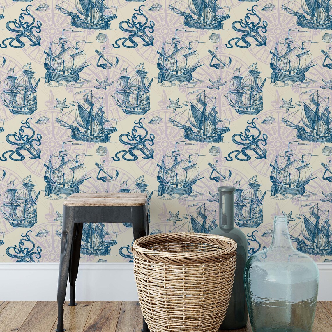 Vintage Look Nautical Wallpaper Removable Wallpaper Peel - Etsy