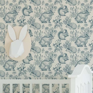 Nursery Wallpaper | Toile Wallpaper | Removable Wallpaper | Peel n Stick Wallpaper | Vintage Nursery | Woodland Nursery | Bunny Hedgehog
