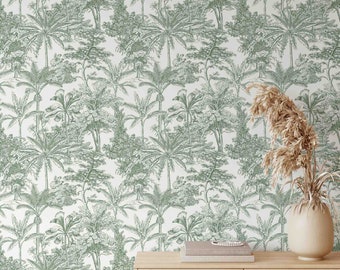 Jungle Palm Leaf Wallpaper | French Toile Removable Wallpaper | Vintage French Provincial Decor