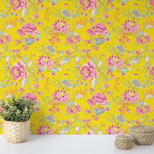 Oriental Floral Chinoiserie Wallpaper | Peel and Stick Wallpaper | Removable Wallpaper | Self Adhesive Wallpaper | Asian Decor